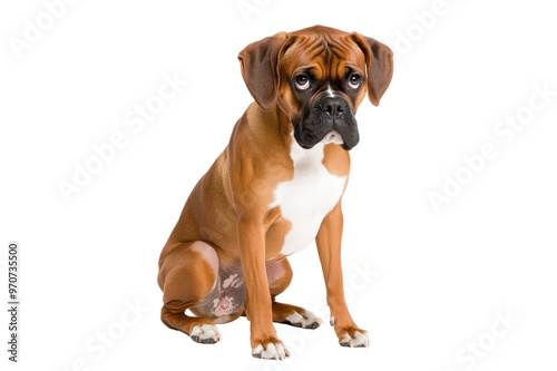 A playful boxer dog sitting gracefully, showcasing its unique facial expression and muscular build.