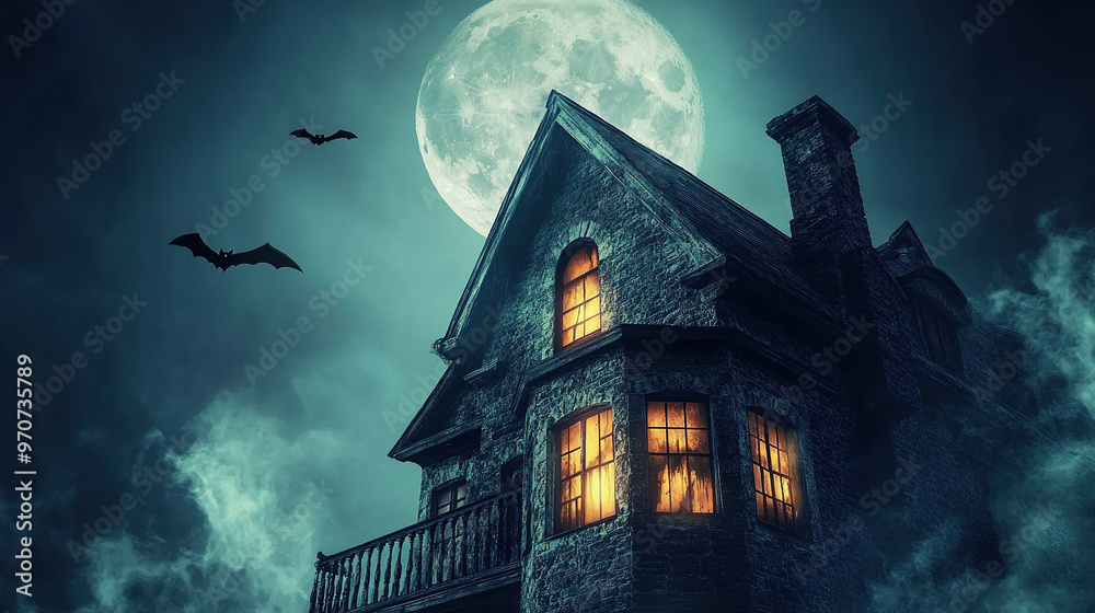 Haunted house and castle at Halloween night with eerie glowing windows, bats flying in the sky and a full moon casting a mysterious glow in the background.