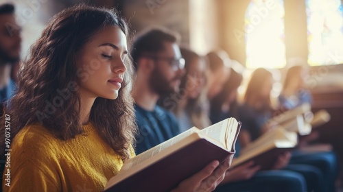 Christian Bible Study Concepts Christian followers are studying the word of God in churches.