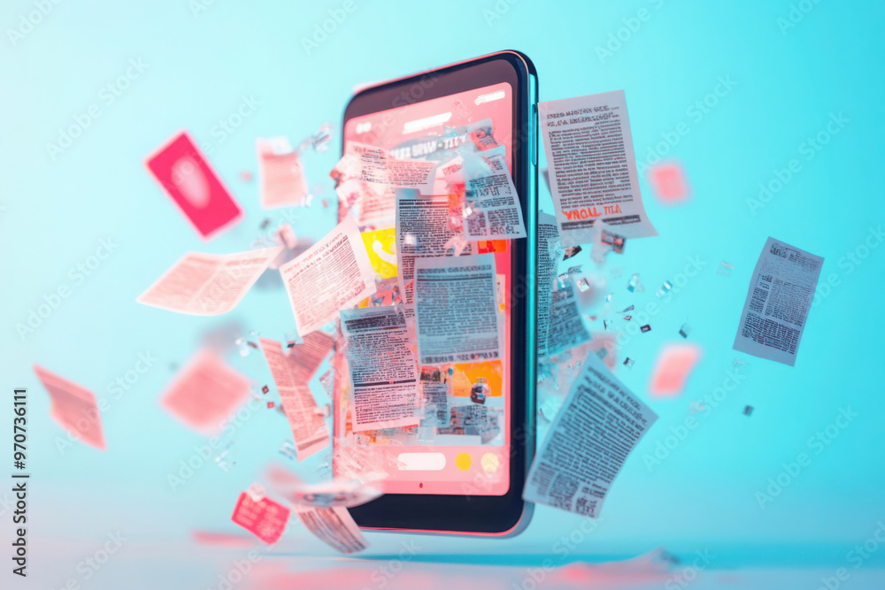 Naklejka premium Smartphone screen exploding with digital news articles and notifications, representing information overload and media consumption