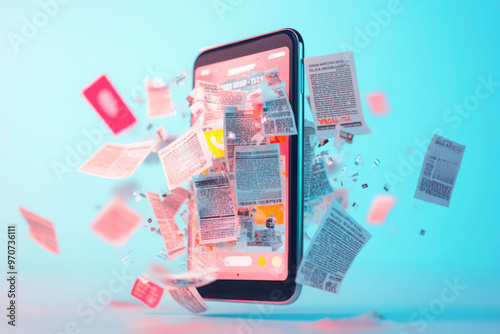 Smartphone screen exploding with digital news articles and notifications, representing information overload and media consumption photo