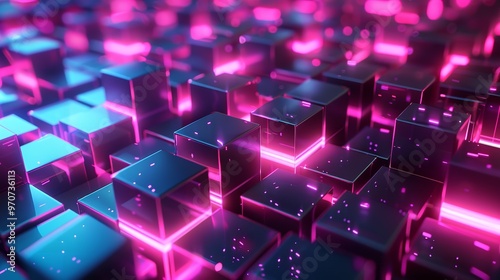 Abstract background 3D many cubes with neon purple blue