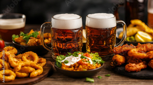 Beer mugs. Two beer mugs surrounded by appetizing pub food in a rustic restaurant