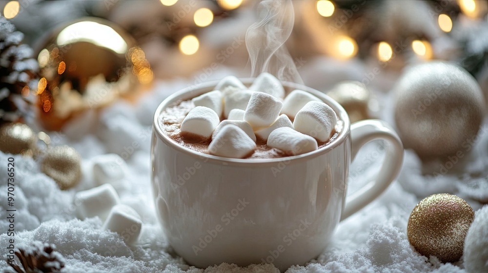 A close-up of a steaming mug of hot cocoa with marshmallows, surrounded by winter decorations. A close-up of a steaming mug of hot cocoa with marshmallows, surrounded by winter decorations.