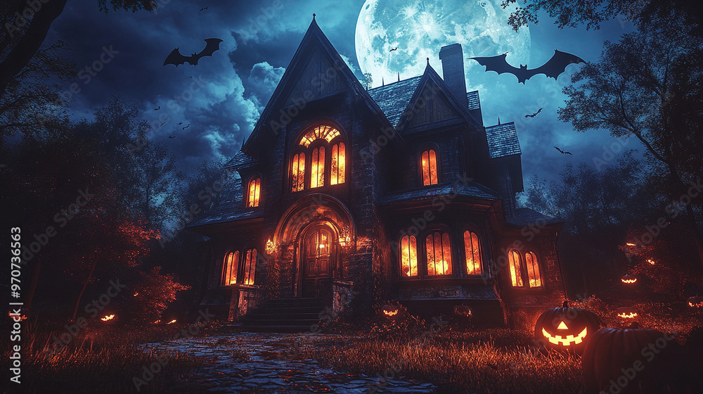 Haunted house and castle at Halloween night with eerie glowing windows, bats flying in the sky and a full moon casting a mysterious glow in the background. Haunted house and castle at Halloween night with eerie glowing windows, bats flying in the sky and a full moon casting a mysterious glow in the background.