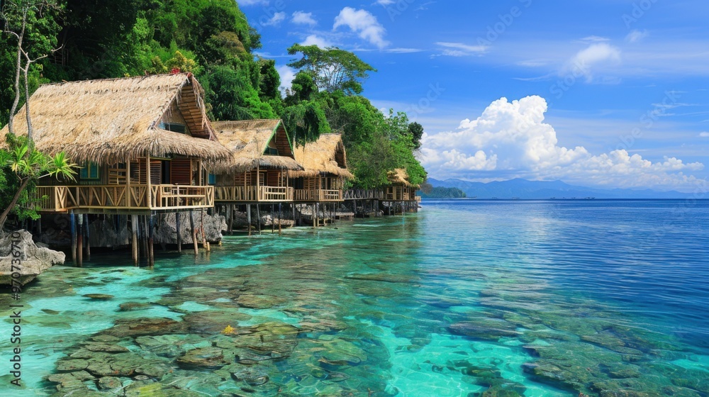An idyllic, peaceful tropical island resort with straw - roofed cabins overlooking azure waters An idyllic, peaceful tropical island resort with straw - roofed cabins overlooking azure waters