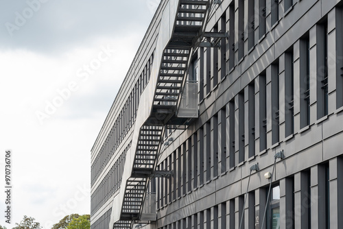 metal steel staircase fire exit n modern building, Abstract fragment of contemporary architecture with metal stairs