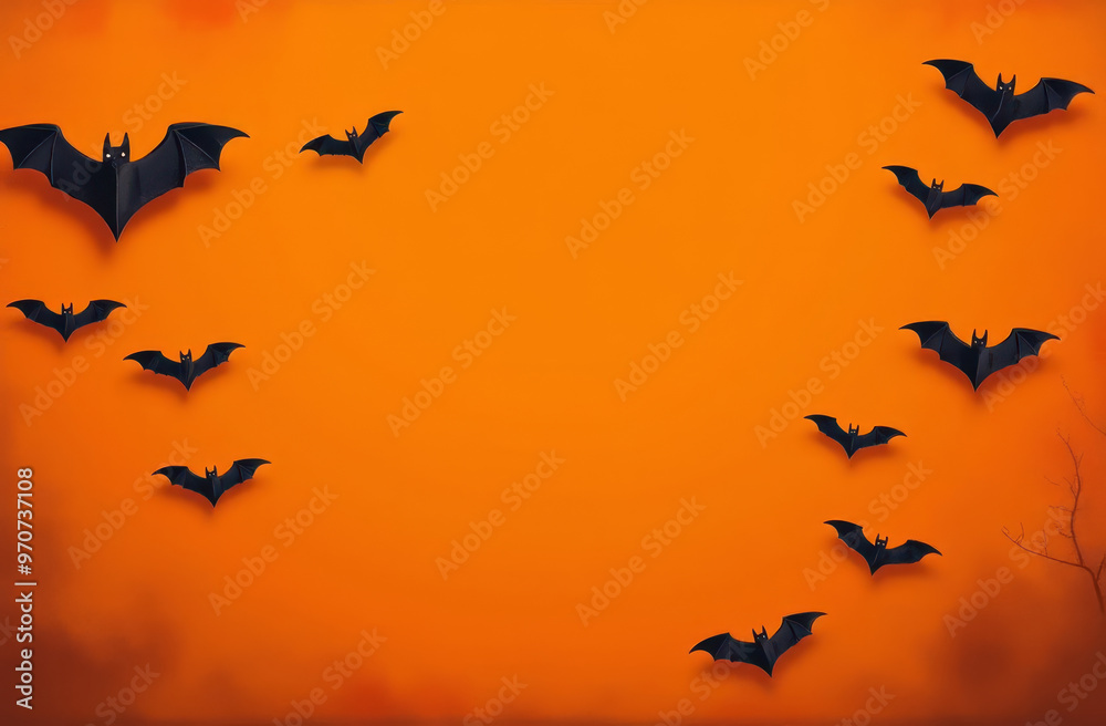 Fototapeta premium Black bats on an orange background. A Halloween postcard.