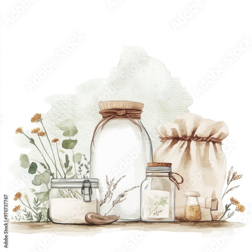 A collection of glass jars and bags with herbs and flowers, elegantly arranged for a natural, rustic aesthetic.