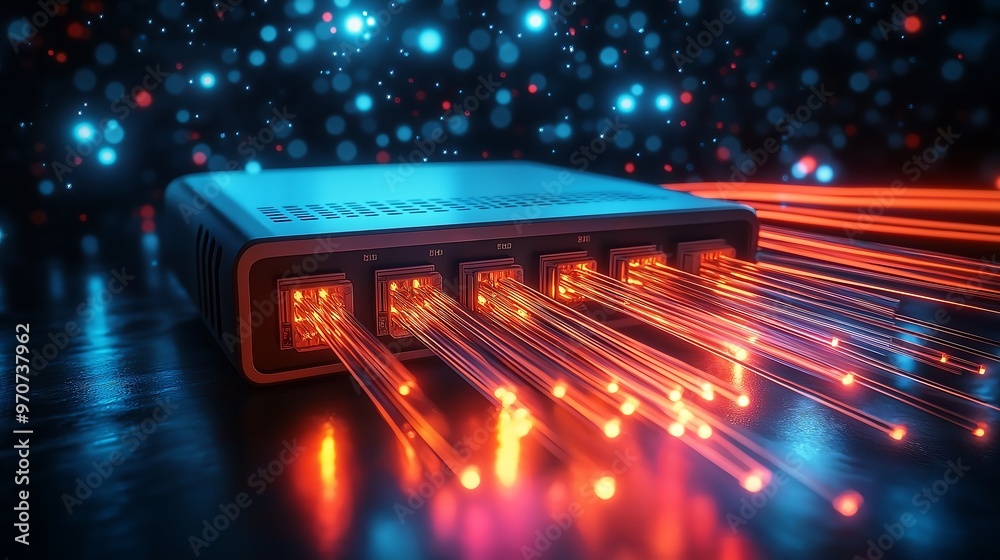 Network cable is in the network port, Close-up of a router with fiber ...