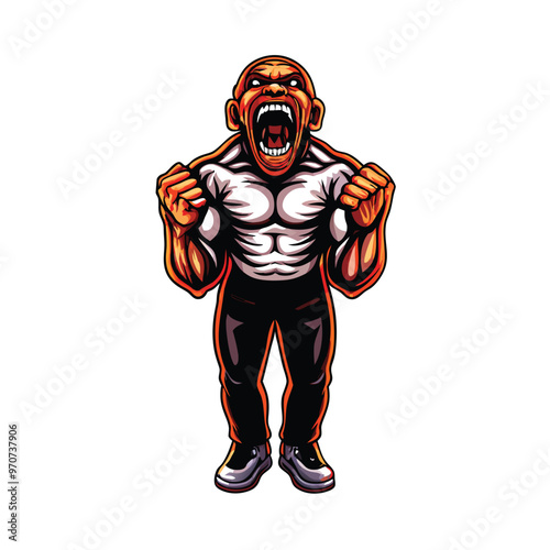 A muscular man with clenched fists and a determined expression.