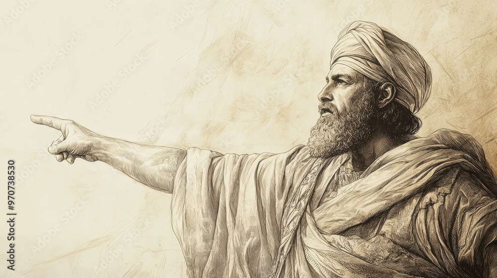 Fototapeta premium The Prophet’s Counsel: Ahab is Warned to Prepare for Ben-Hadad’s Return, 1 Kings Biblical Illustration, Bible Wall Art, Beige Background