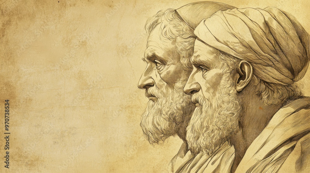 Fototapeta premium Biblical Scene of Manasseh and Amon’s Reigns: The Lord Allows Manasseh’s Return to Jerusalem, Beige Background