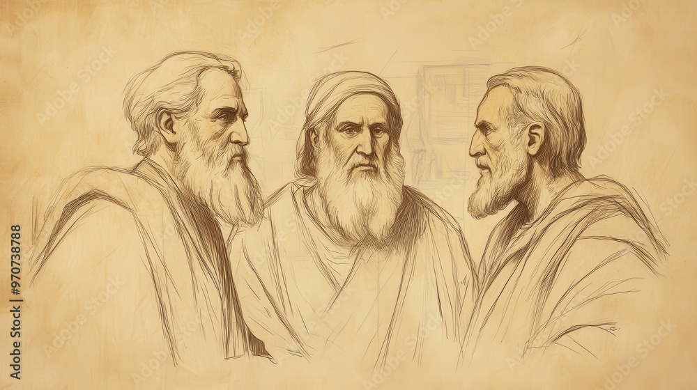 Fototapeta premium 1 Kings Scene: Solomon Consults with Advisors, Displaying Wisdom in State Affairs, Biblical Illustration with Beige Background