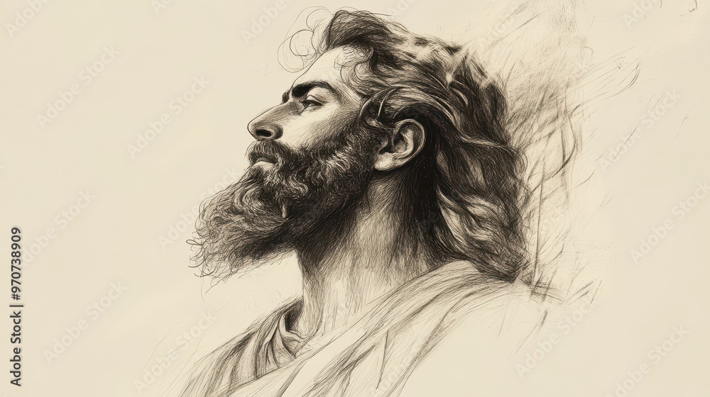 Fototapeta premium 2 Kings Scene: Hezekiah’s Solemn Reflection on God’s Power During Assyrian Threat, Biblical Illustration on Beige Background for Bible Wall Art