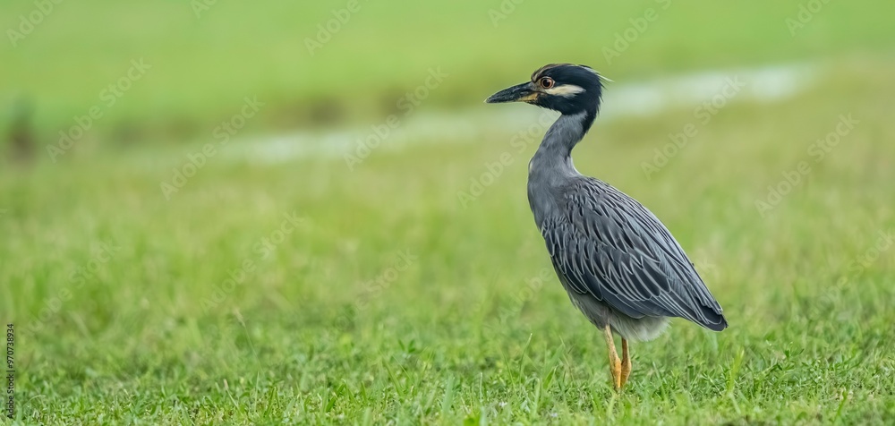 Fototapeta premium Yellow-crowned night heron on green grass