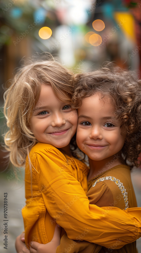 Two adorable children sharing a warm hug outdoors, showcasing the pure joy of friendship and childhood innocence. Two adorable children sharing a warm hug outdoors, showcasing the pure joy of friendship and childhood innocence.
