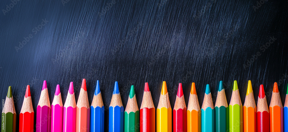 Colorful pencils in front of a blank blackboard. Back to school concept. Education banner Colorful pencils in front of a blank blackboard. Back to school concept. Education banner