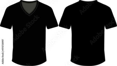 Front and back t-shirt with V collar to demonstrate the print. Minimalist print on a V-neck t-shirt in black
