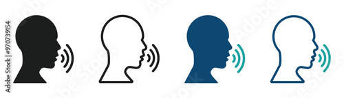 Voice control icons. Podcaster symbol. Talking person sign. Man with open mouth vector signs