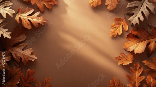 The shadow cast by autumn leaves on a brown textured background, taken from a top-down perspective. The seasonal concept of natural inspiration is very suitable for autumn themed design #970739377