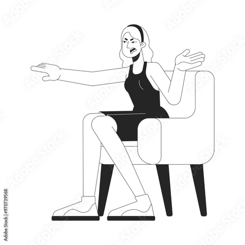 Aggressive armchair woman throwing accusations black and white 2D line character. Blaming yelling blonde female isolated vector outline person. Finger pointing lady. Monochromatic spot illustration
