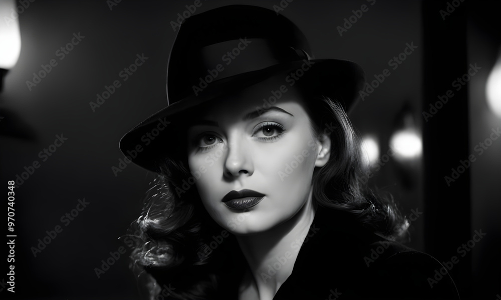 Elegant woman wearing hat posing in film noir style Elegant woman wearing hat posing in film noir style