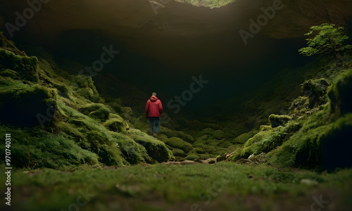 Man exploring cave covered in green moss photo