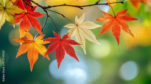 Maple leaves on branch. Colorful autumn maple leaves on a tree branch background. Fall background. Beautiful nature scene