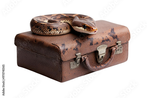 A close-up of a snake resting on a vintage suitcase, showcasing a unique blend of wildlife and travel aesthetics. photo