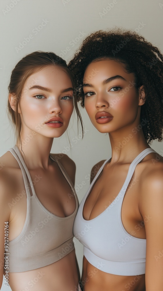 Two models posing together in stylish workout tops against a neutral background indoors Two models posing together in stylish workout tops against a neutral background indoors