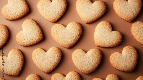 Pattern of heart shaped cookies flat laid against brown background photo