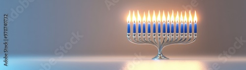 Glowing menorah with blue candles, minimal 3D Blender style, Hanukkah festival theme, isolated white background,