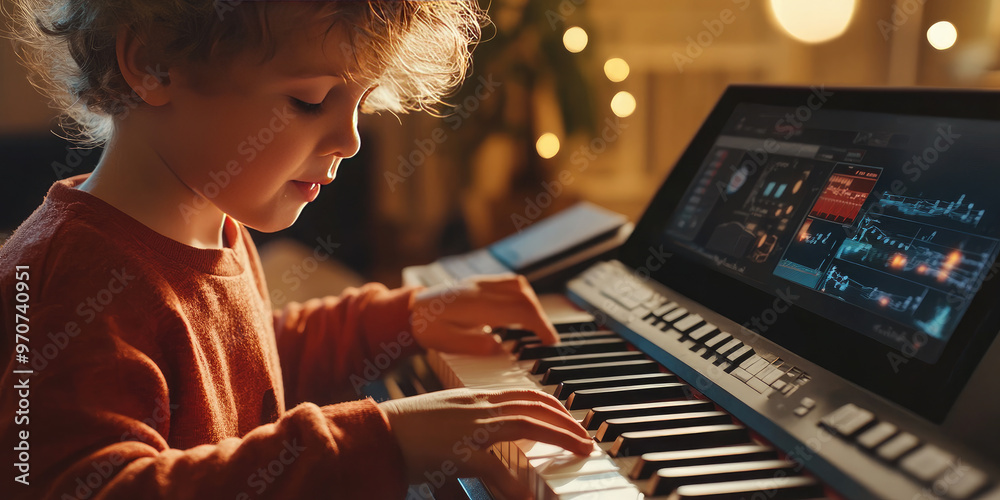 Child's hands playing piano with bright bokeh and music notes flowing from the instrument, conveying music education, passion and creativity Child's hands playing piano with bright bokeh and music notes flowing from the instrument, conveying music education, passion and creativity
