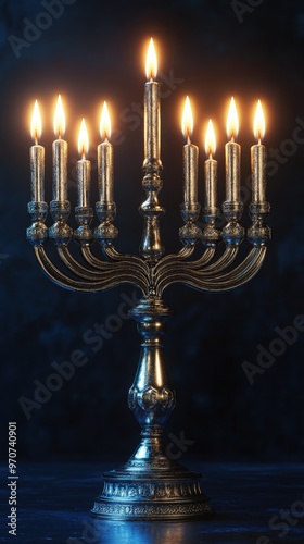 Hanukkah menorah with glowing candles, minimal 3D Blender style, historical festival theme, bright blue and silver, isolated background