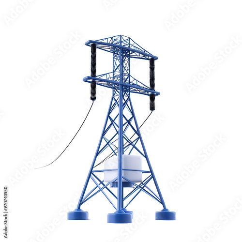 A modern blue power tower with cables, symbolizing electricity and energy transmission. Ideal for technology and infrastructure themes.