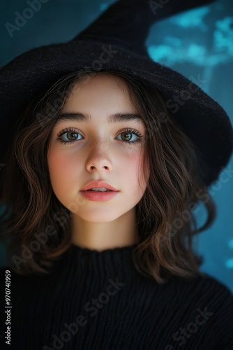 Portrait of a young girl in a black witch hat with soft curls and delicate makeup, evoking a mysterious yet innocent Halloween vibe