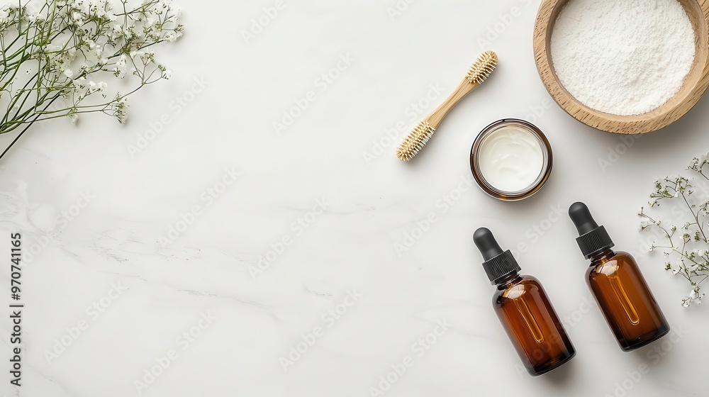 Minimalist flatlay of serum bottles and beauty tools on a white marble surface, top view, clean composition Minimalist flatlay of serum bottles and beauty tools on a white marble surface, top view, clean composition