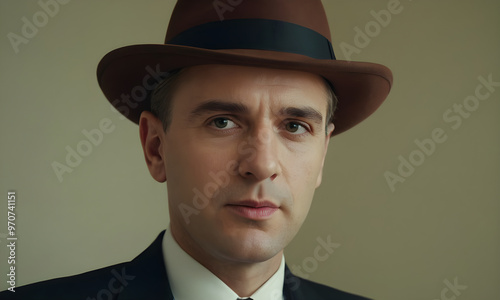 Businessman is posing in a vintage suit and hat, looking serious