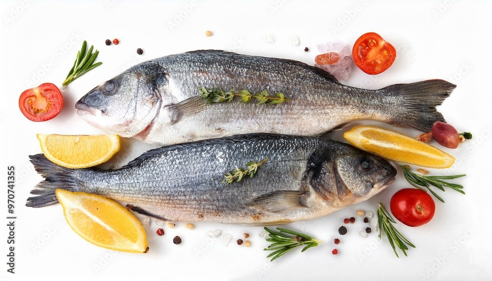 Sea raw bass fish and ingredients isolated on white, top view. ai generated Sea raw bass fish and ingredients isolated on white, top view. ai generated