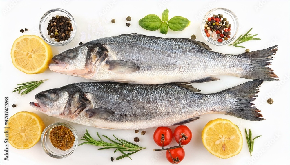 Sea raw bass fish and ingredients isolated on white, top view. ai generated Sea raw bass fish and ingredients isolated on white, top view. ai generated