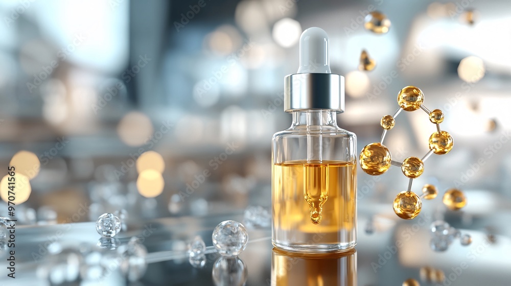 52. Cosmetic oil serum with molecule, essence liquid or whitening serum 3d rendering. Elegant 3D rendering of a serum bottle, featuring intricate molecular designs and essence droplets. 52. Cosmetic oil serum with molecule, essence liquid or whitening serum 3d rendering. Elegant 3D rendering of a serum bottle, featuring intricate molecular designs and essence droplets.