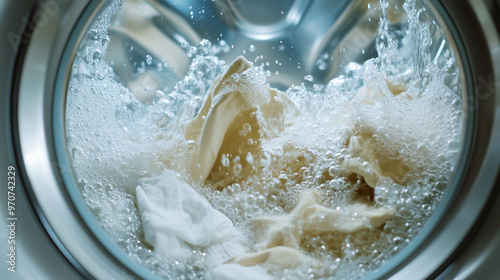 Close-up front view of a round glass window of a washing machine, with laundry being washed in water filled with bubbles and foam, containing white and beige clothes