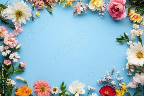 Floral design frame on azure background offering blank area for text arrangement