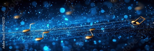 Golden Music Notes on a Blue Glitter Background