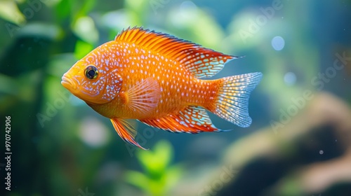 A young Red devil cichlid is swimming in freshwater aquarium. Amphilophus labiatus is freshwater ornamental fish endemic to Lake Managua and Lake Nicaragua in Central American. photo