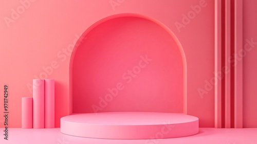 69. Background featuring an empty product display mockup with a pink backdrop and abstract geometric platforms designed for showcasing merchandise in landscape orientation. Minimalist pink backdrop