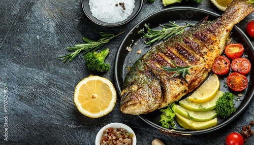 Roasted grilled dorado or sea bream fish with lemon, organic healthy products