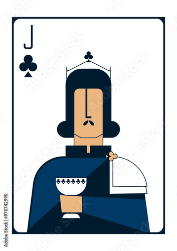 Simple vector geometric drawing depicting a jack of clubs in the form of a knight with a cup in his hands in dark blue and white colours