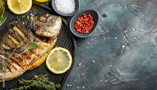 Roasted grilled dorado or sea bream fish with lemon, organic healthy products